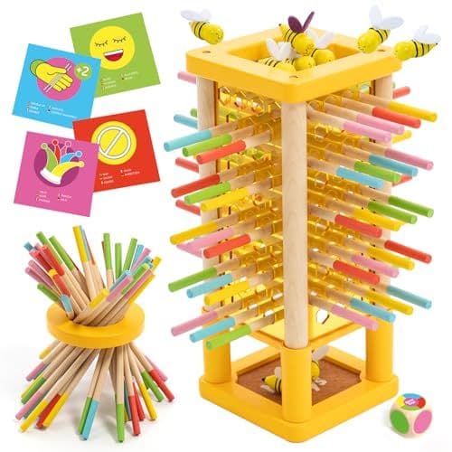 Nene Toys - Nene Toys BEEFALL Jeu de Société Enfant 3 Ans – Tour d’Équilibre Abeilles en Bois FSC 4-en-1 avec Dé, Cartes d’Action & Anneau Rainbow Sticks – Jouet Montessori Motricité Fine, Jeu Famille