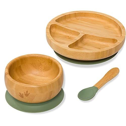 Bubba Bear - Bubba Bear ® Ensemble de sevrage pour bébé | Assiettes, bols et cuillères en bambou pour l'alimentation LED des tout-petits | Ensembles d'assiette, de bol et de cuillères pour bébés (Dinosaure Vert)