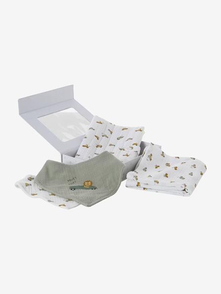 Vertbaudet - Coffret cadeau naissance 4 pièces : 2 bavoirs + 1 lange + 1 protège-carnet multicolore