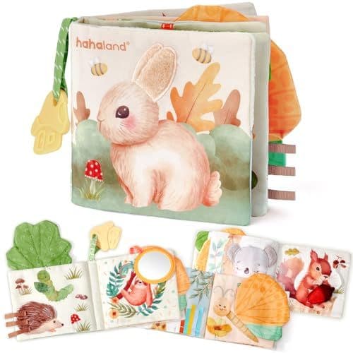 hahaland - hahaland Livre Tissu Bébé Eveil 0 3 Mois Jouet Suspendre pour Bébé 0-3 6 Mois Livre Doux Froissé avec des Animaux Cadeau de Naissance pour Tout-Petit Garçon Fille