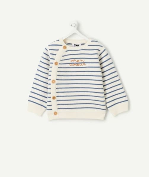 taokids.com - Pull naissance garçon rayé bleu et blanc avec boutons