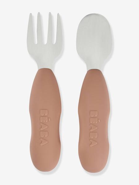 Béaba - Lot de 2 pré-couverts d'apprentissage 2e âge en inox et silicone beige imprimé