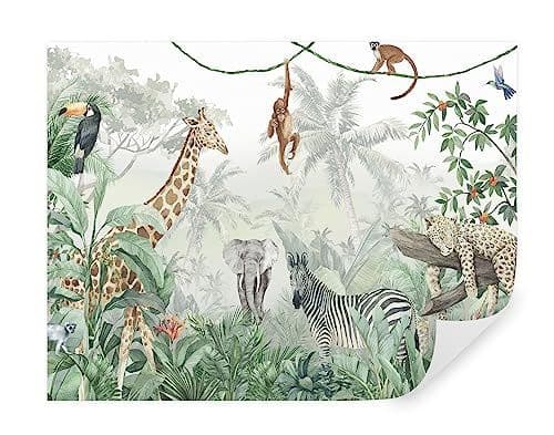 TAPEKO - TAPEKO Papier Peint Chambre Enfant 360x250 cm style Jungle Tropiques avec Girafe Zèbre Éléphant Léopard pour Garçon Fille Papier Peint intissé u74709