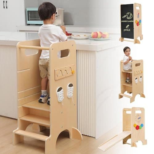 Olvy - Olvy Tour d'apprentissage Montessori 4 en 1 pour Enfants - Tour d'observation à partir de 1 an - Tour d'apprentissage - 3 Niveaux réglables en Hauteur - Tabouret pour Enfant Multifonction