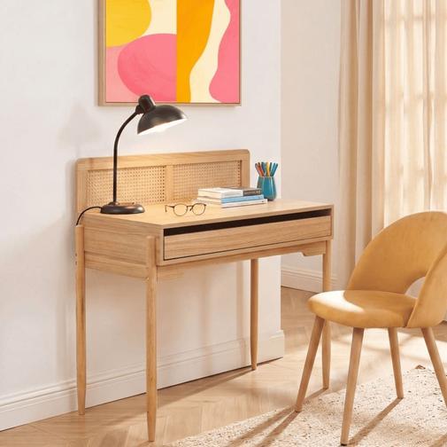 Baita - Bureau cannage rotin et effet bois 1 tiroir