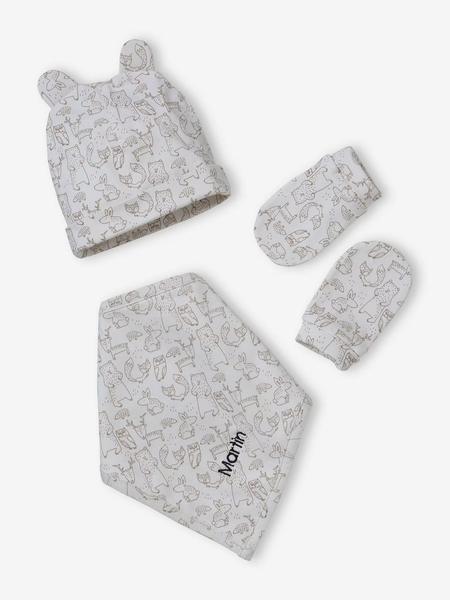 Vertbaudet - Ensemble bonnet + moufles + foulard + sac bébé imprimé personnalisable taupe