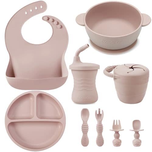 PandaEar - PandaEar Set De Vaisselle En Silicone Pour Bébé | 9 Pièces | Assiette Avec Ventouse, Bol, Bavoir En Silicone, Gobelet D'Apprentissage, Cuillères Pour Bébé (Rose)