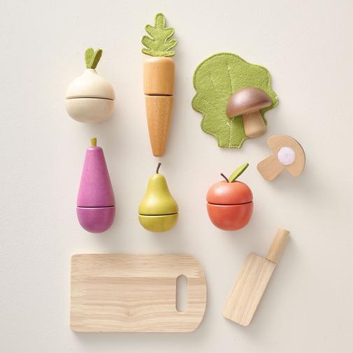 Petite Amélie - Petite Amélie | Ensemble fruits et légumes en bois à couper | Jouet éducatif | 9 pièces | Bois naturel | Développe la coordination œil-main