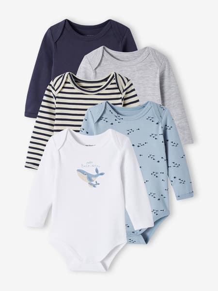 Vertbaudet - Lot de 5 bodies manches longues bébé emmanchure US en coton Bio bleu nuit - Vertbaudet