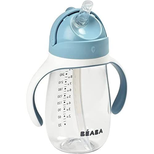 Béaba - BÉABA, Biberon/Tasse d'apprentissage 2 en 1, Tasse Paille Enfant, 100% étanche, Anti-fuite, Facile à Ouvrir, Poignées amovibles, Tritan et Silicone, 300 ml, Windy Blue