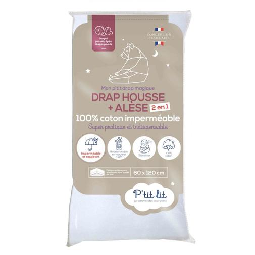 P'Tit Lit - Drap housse alèse 2 en 1 imperméable coton blanc bébé 70x140 cm