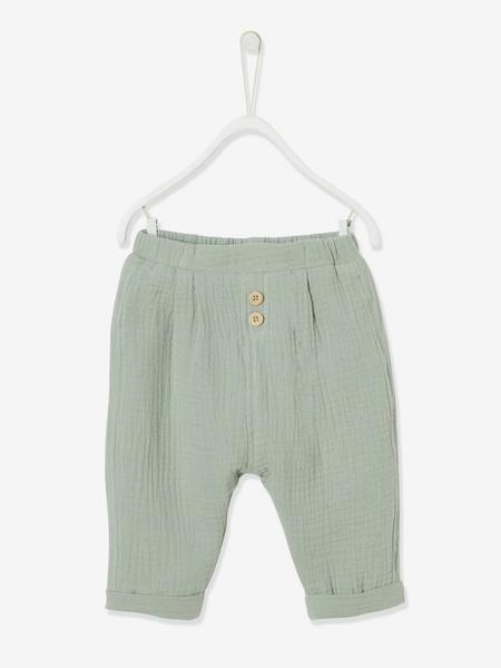 Vertbaudet - Pantalon bébé mixte coupe sarouel en gaze de coton tilleul