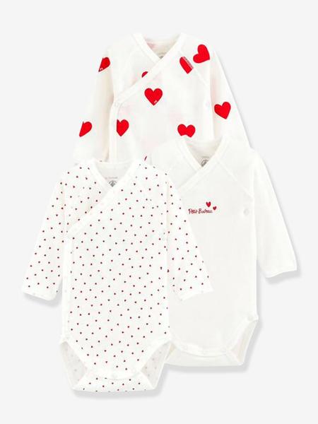 Petit Bateau - Lot de 3 bodies croisés manches longues coeurs bébé naissance en coton bio blanc