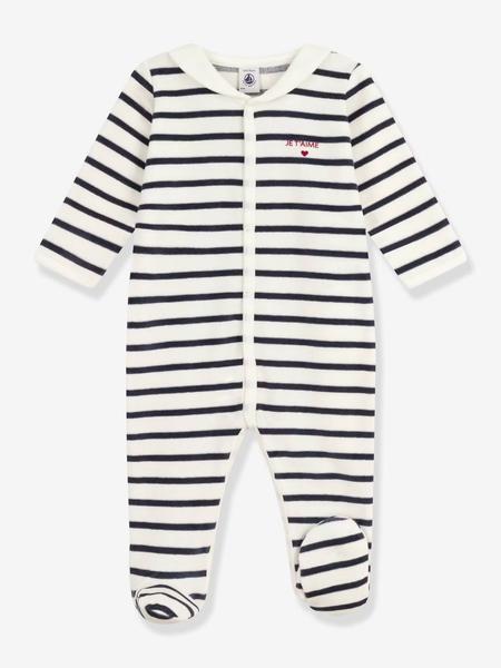 Petit Bateau - Pyjama bébé mixte en velours imprimé rayures marine