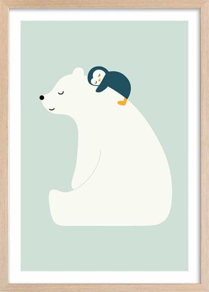 Hexoa - Affiche enfant calin polaire avec cadre bois 40x60 cm