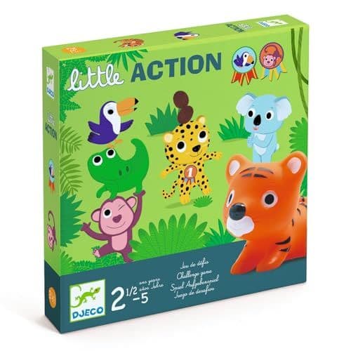 DJECO - DJECO Little Action - Jeux de Société pour Enfants, 2 à 5 Ans- 6 Figurines Animaux, 20 Cartes Défi, 12 Médailles - Développe Manipulation et Adresse - Pièces Durables et Colorées - 2 à 4 Joueurs