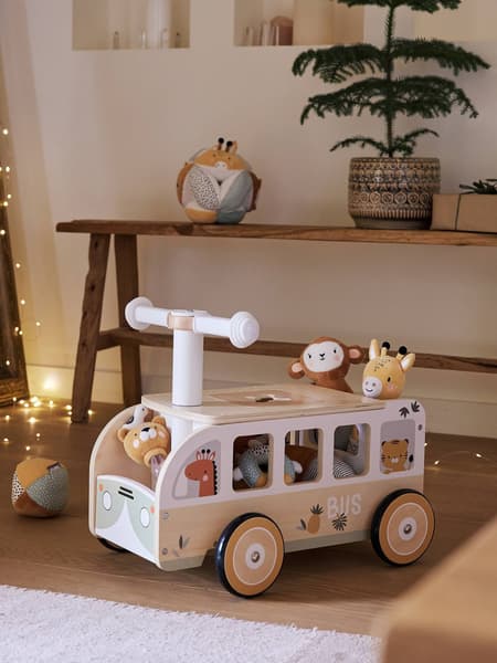 Vertbaudet - Porteur bus à doudous HANOÏ en bois FSC® blanc moyen uni avec decor - Vertbaudet