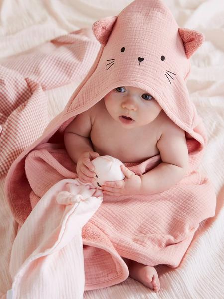 Vertbaudet - Cape de bain gaze de coton et gant de toilette BIO* rose