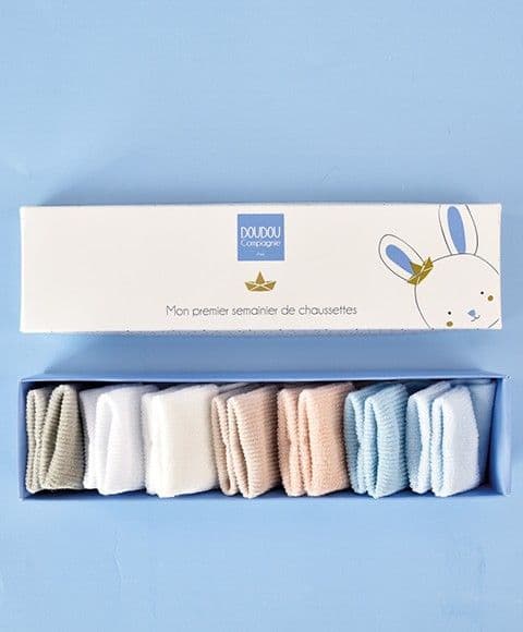 Doudou et compagnie - Semainier de chaussettes bébé - Cadeau naissance bébé garçon - 0/6 mois
