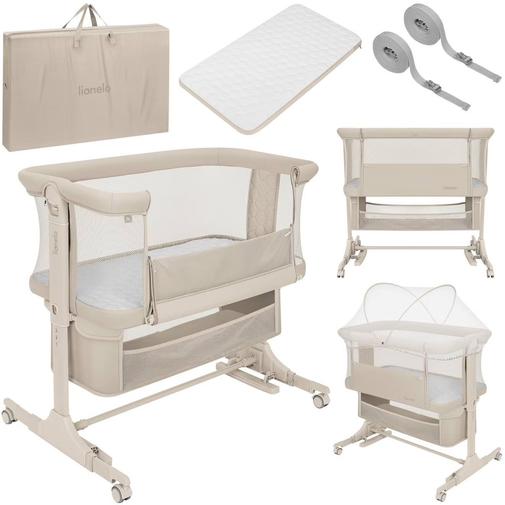 Lionelo - Lit Cododo Berceau 3en1 Jodie Réglable En Hauteur Et Inclinaison Avec Matelas Haute Densité Beige Cream
