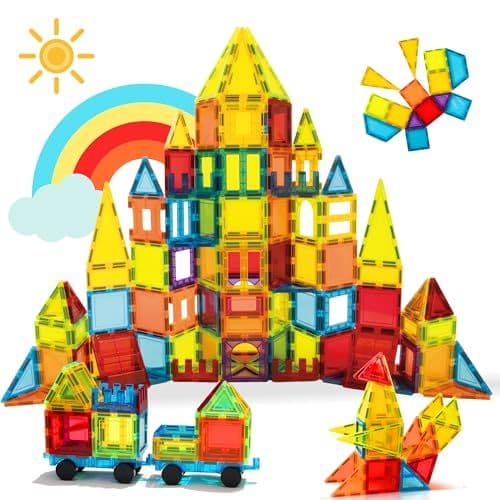 W WISE BLOCK - W Wise Block Blocs de Construction Magnétiques 131 PCS avec 2 Voitures, Jouets magnétiques pour Enfants Les Tout-Petits, Jouets pour 3 4 5 6 7 8 Ans garçon Fille, Multicolore.