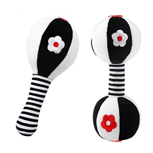 JoyLife - JoyLife Jouets D'éveil Bebe 0 3 6 12 Mois, Noirs et blancs Jouet de Peluche Hochets Haltère Cadeau pour Bebe Garçon Fille, Voyage Douce Jouets en Peluche avec des sons pour Nouveau-né cadeaux