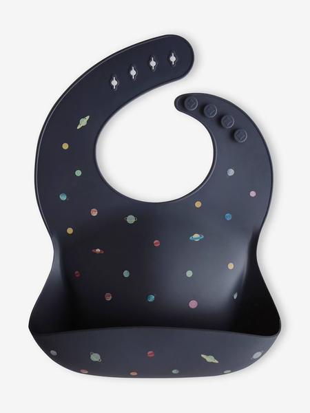 Mushie - Bavoir avec récupérateur en silicone bleu nuit/planètes