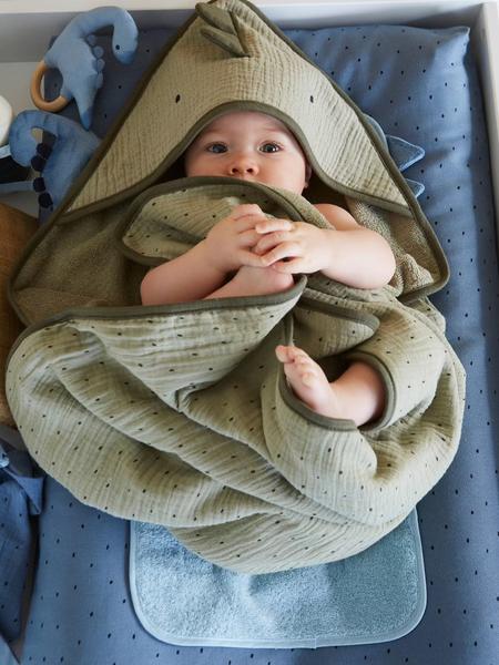 Vertbaudet - Cape de bain gaze de coton + gant de toilette PETIT DINO vert