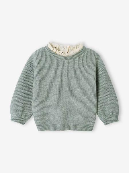Vertbaudet - Pull bébé fille en côte perlée col en broderie anglaise vert sauge