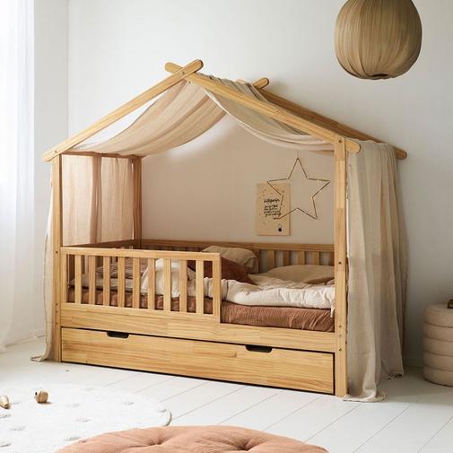 Petite Amélie - Petite Amélie Ciel de lit cabane Maison | Gaze de coton bio | Beige | 90x200 cm | Voilage respirant et doux pour chambre d'enfant