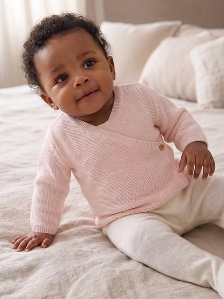Vertbaudet - Brassière bébé naissance tricot point mousse coton et laine rose pâle