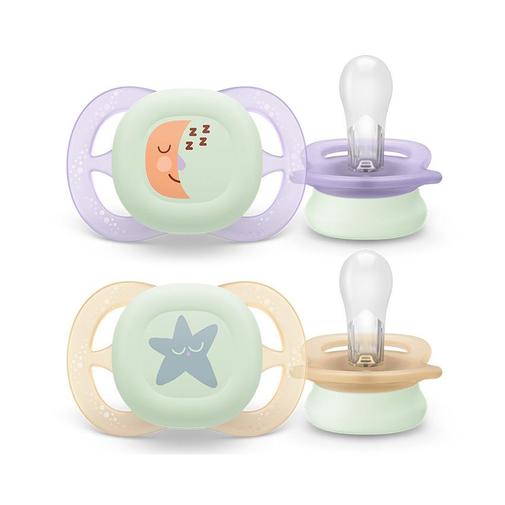 Avent - Lot de 2 sucettes silicone 0-2M Ultra Start nuit décorées - Multicolore
