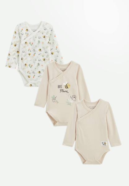 Petit Beguin - Lot De 3 Bodies Bébé Manches Longues Ouverture Croisée Eden Beige