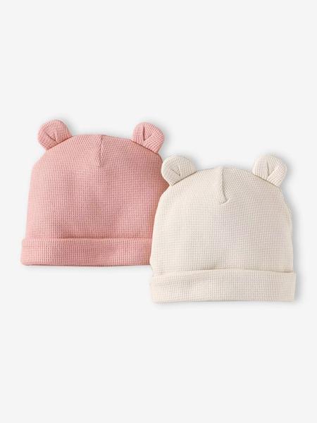 Vertbaudet - Lot de 2 bonnets naissance à oreilles d'ours rose poudré