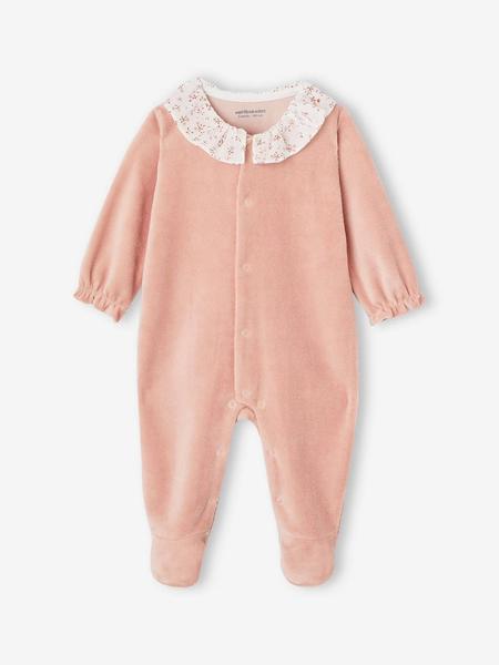 Vertbaudet - Pyjama bébé fille velours collerette imprimée rose poudré