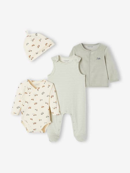 Vertbaudet - Ensemble naissance body + salopette + bonnet + gilet personnalisable vert d'eau - Vertbaudet