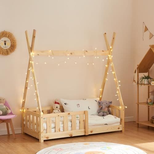 [en.casa] - [en.casa] Lit de Tipi pour Enfant en Bois Naturel avec Sommier à Lattes et Grille de Sécurité 140 x 70 cm (Naturel)