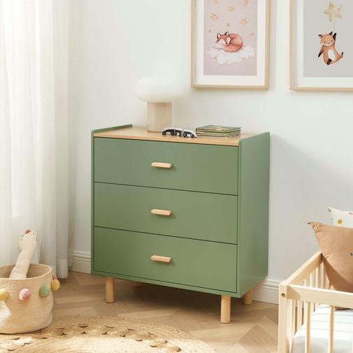 Baita - Commode enfant 3 tiroirs vert et effet bois et chêne 80 cm