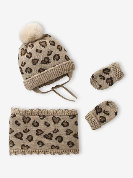 Vertbaudet - Ensemble léopard coeurs bonnet, snood et moufles bébé taupe