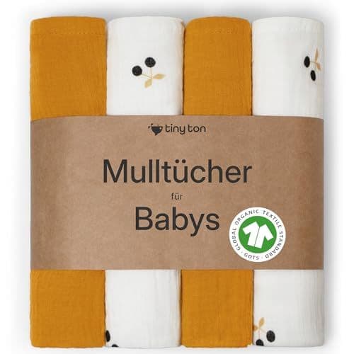 tiny ton - tiny ton® Lot de 4 langes en mousseline pour bébé - 100 % coton bio GOTS - 60 x 60 cm - Absorbantes et respirantes - Idéales pour nettoyer, essuyer et couvrir les nouveau-nés
