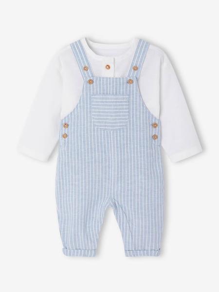 Vertbaudet - Ensemble bébé naissance cérémonie chemise salopette en lin et coton bleu