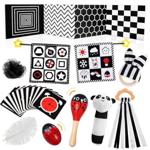 HappyKidsClub - Jouet Bebe 0-12 Mois Montessori Sensoriel en Tissu Noir et Blanc Bebe Cadeau Naissance Fille Garcon Jouets d'éveil Jeux Bebe