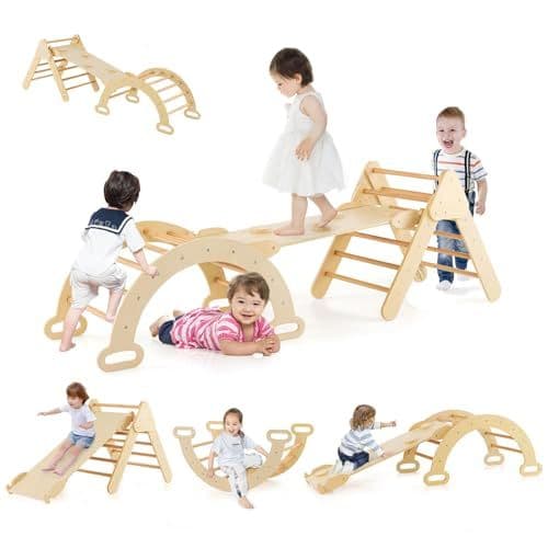 GOPLUS - GOPLUS 7 en 1 Triangle Arche Montessori, Arche d'escalade Enfants avec Toboggan Bois,Rampe, Échelle Réglable, Charge 50KG, pour Tout-Petits Bébé 1 Ans+(Naturel)