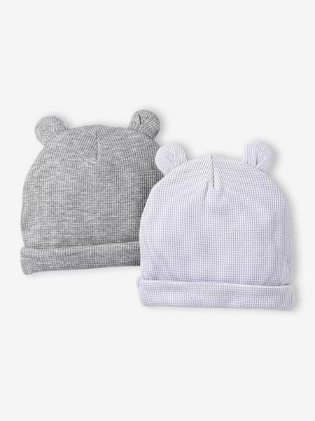 Vertbaudet - Lot de 2 bonnets naissance à oreilles d'ours bleu pâle + gris chiné