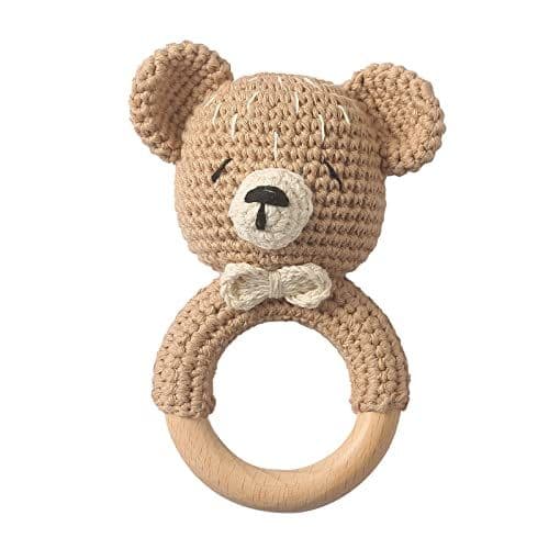 Mamimami Home - Mamimami Home Hochet pour bébé au crochet en bois - Cadeau de naissance - Pour garçon et fille - Cadeau de naissance (ours)