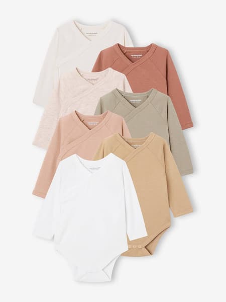 Vertbaudet - Lot de 7 bodies en coton Bio manches longues ouverture naissance BASICS multicolore - Vertbaudet