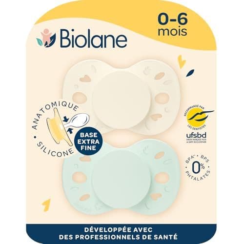 Biolane - BIOLANE - Tétines anatomiques - Sucettes extra-fines - 0 à 6 mois - Vert et Beige - Téterelle plate et réversible- Confort optimal- Respect du développement bucco-dentaire