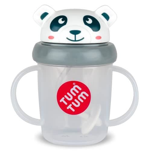 TUM TUM - Tasse avec paille lestée, Tasse anti-fuite, Tasse d’Apprentissage pour Bébé, Couvercle Rabattable, Paille en Silicone (Pip le Panda 200ml)