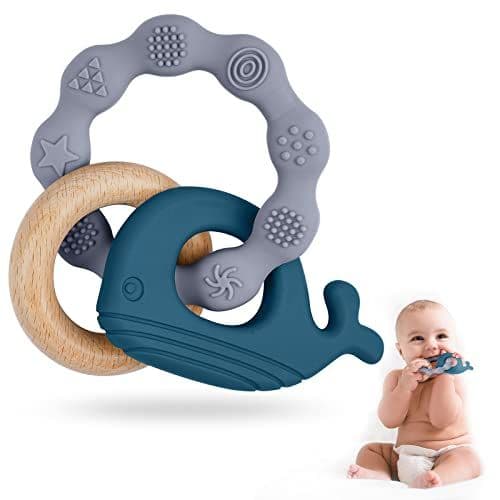 Vicloon - Vicloon Anneau Dentition Bebe, 2 en 1 en Silicone et Bois,Jouet Dentition Apaiser Les Gencives pour Bébé de 3 Mois Et Plus(Bleu)
