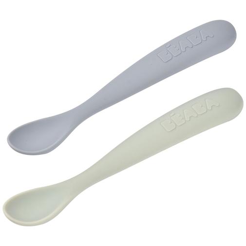 Béaba - Lot de 2 cuillères silicone 1er âge avec boîte de transport Duo nature